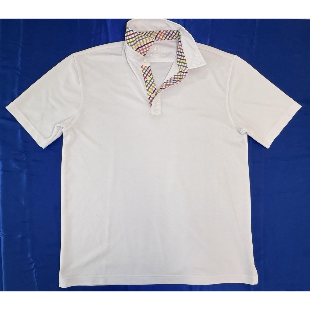 Bugatchi Uomo Men's Large White Short Sleeve Polo Shirt Multicolor Plaid Collar